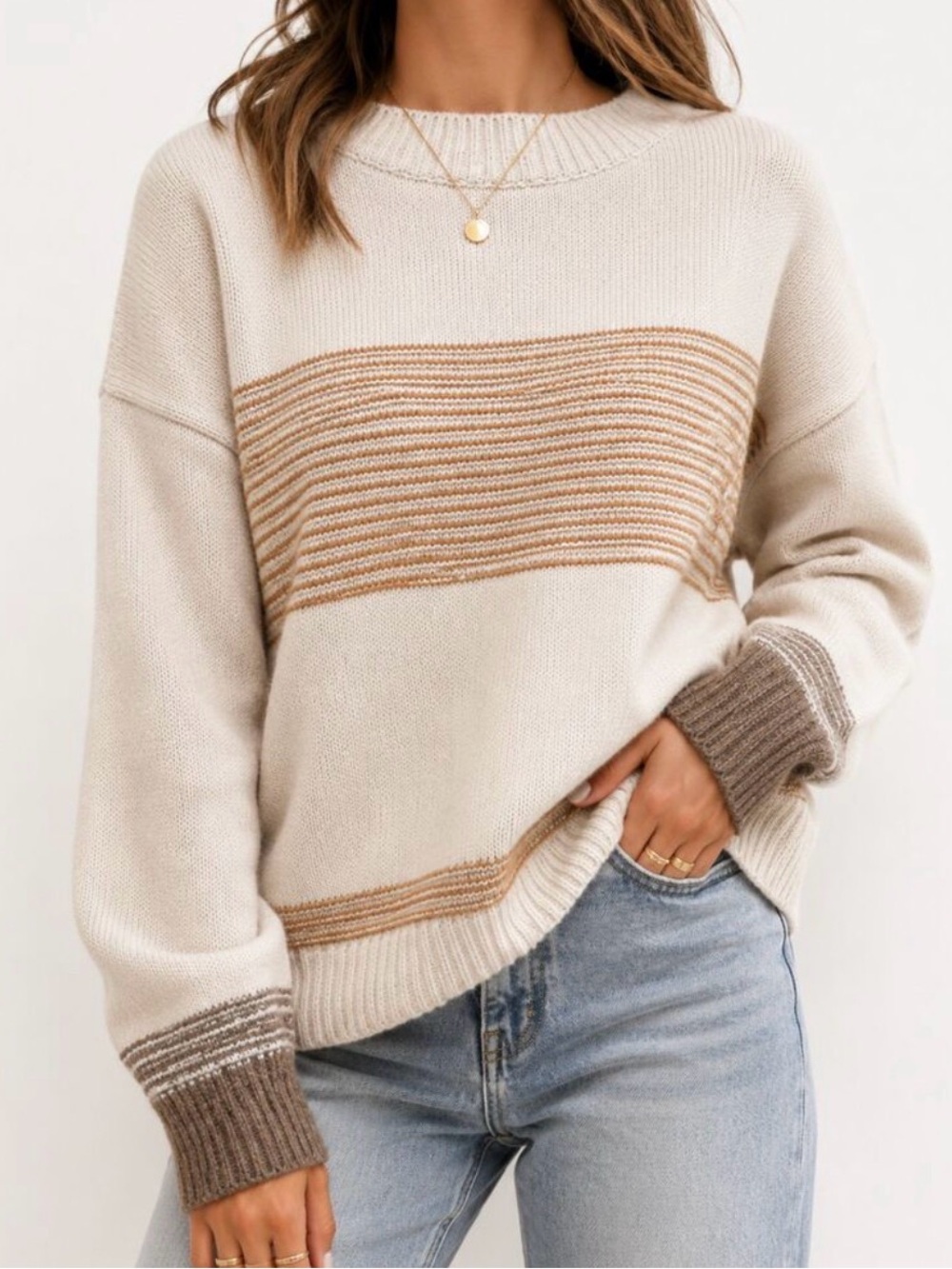 Eesome Cream and Tan Striped Women's Knit Sweater